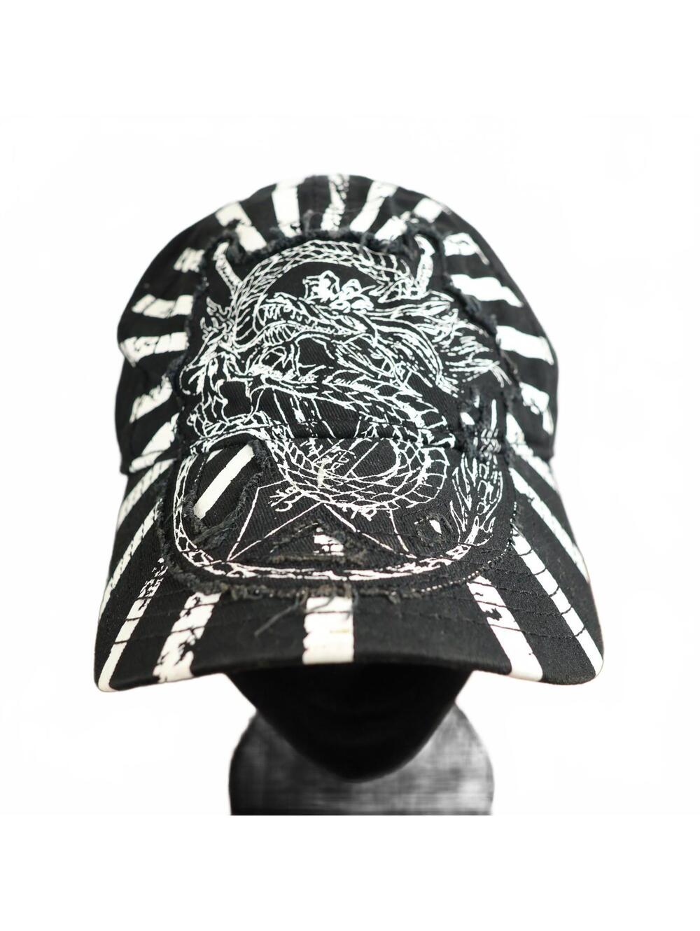 Concept One Dragon Distressed Baseball Cap Black White Stripe Adjustable